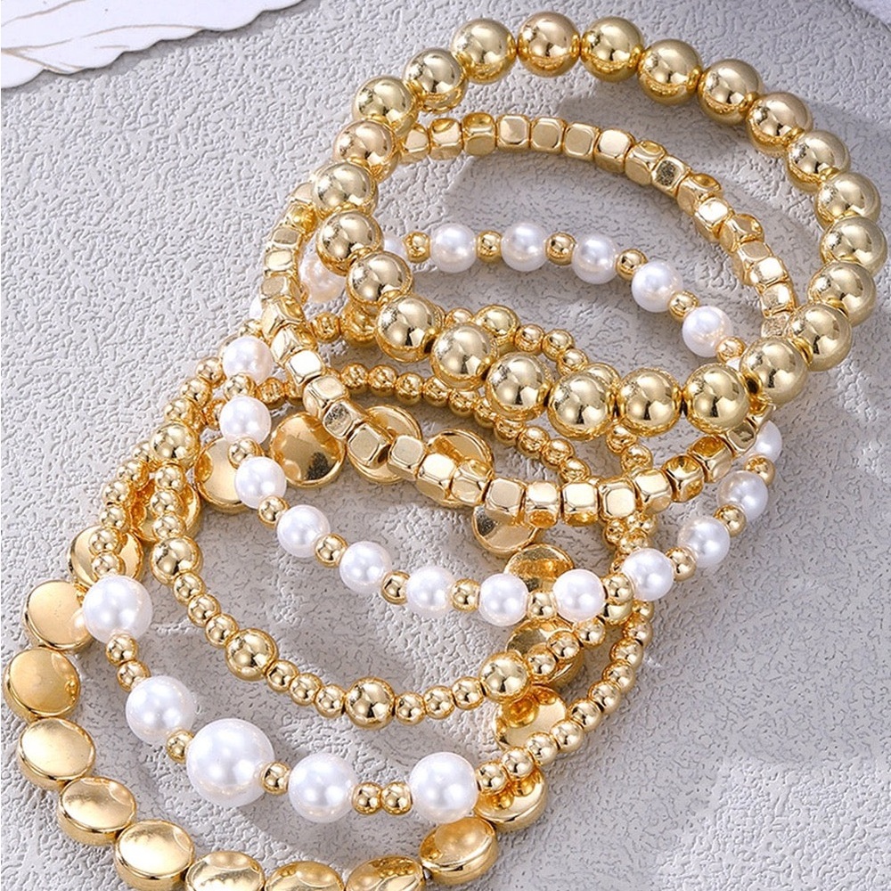 Gold & Pearl Layered Bracelet Set - Women's Jewelry - Picture 2 of 3